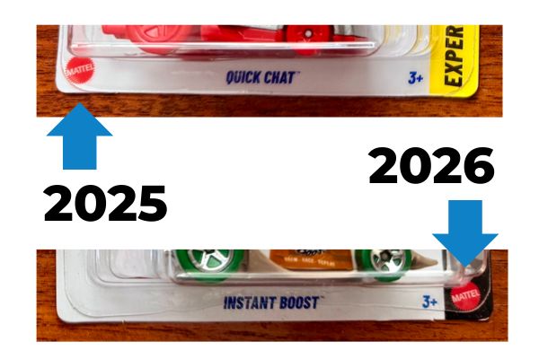 Hot Wheels 2025 vs 2026 Mattel logo position change
