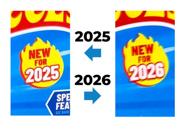 2025 vs 2026 Hot Wheels new casting flame badge